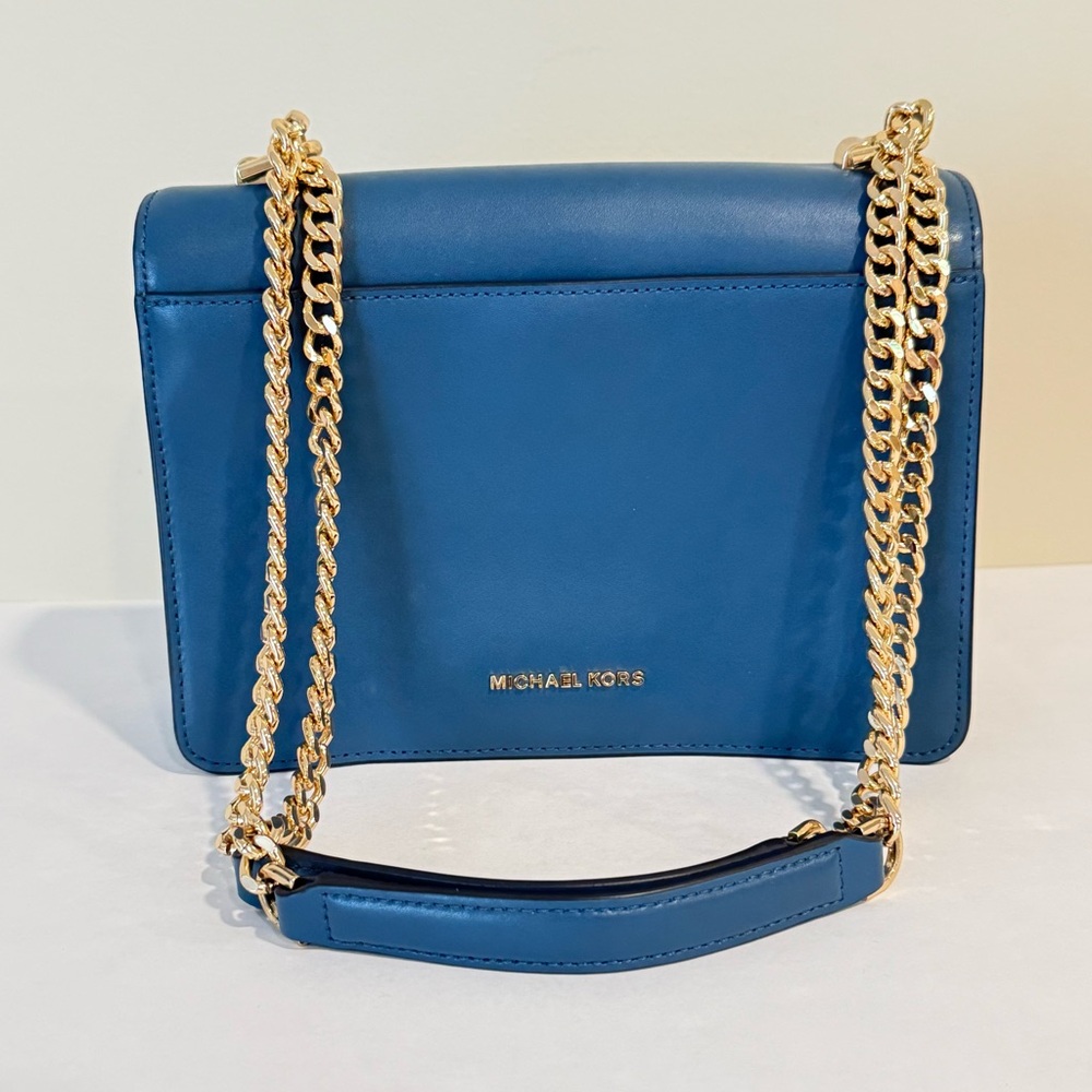 Michael Kors Jade Gusset Leather Shoulder Bag Blue Gold Chain Crossbody Shoulder - Picture 4 of 16